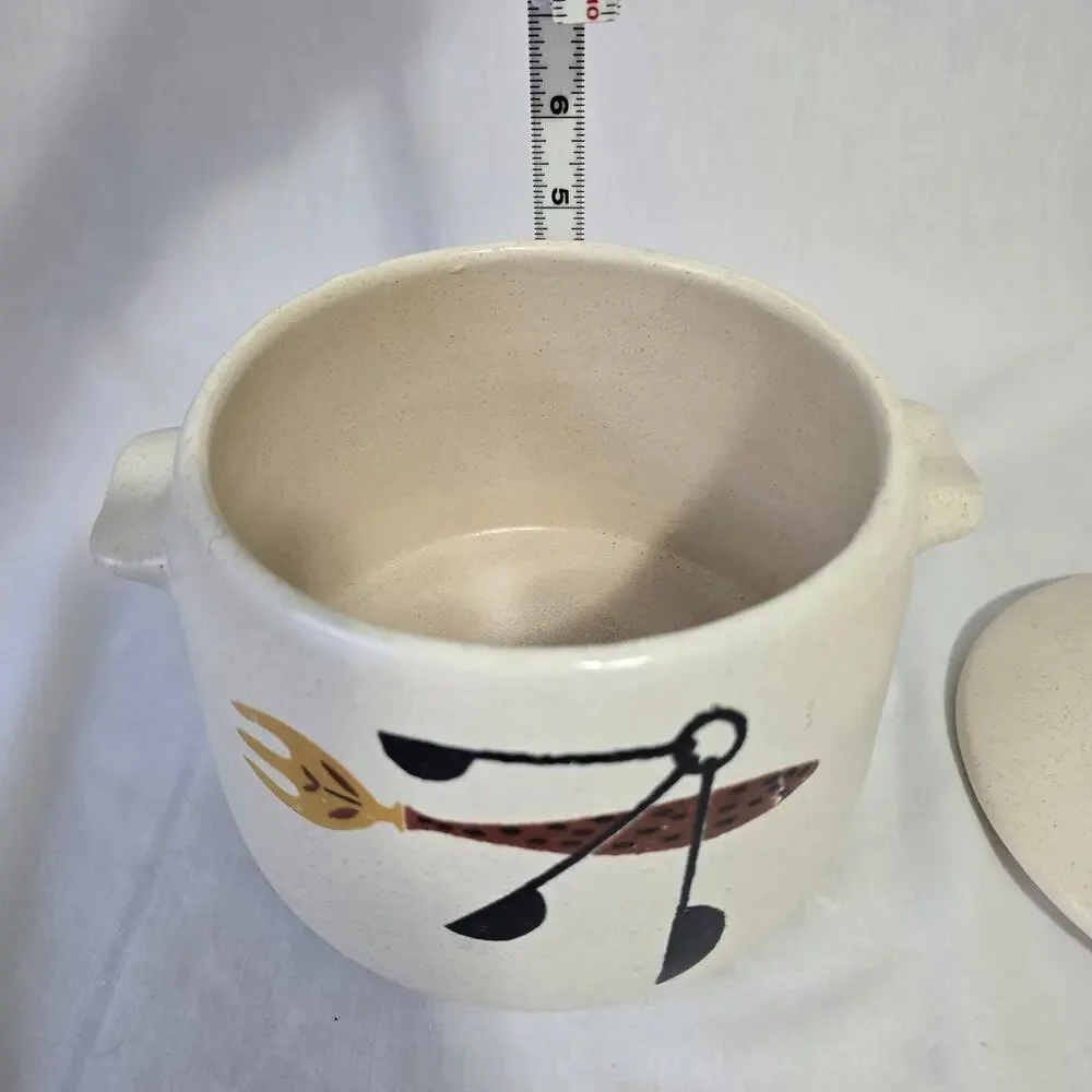 Vintage 1960's Westbend Stoneware Fork & Spoon Design Bean Dish with Lid